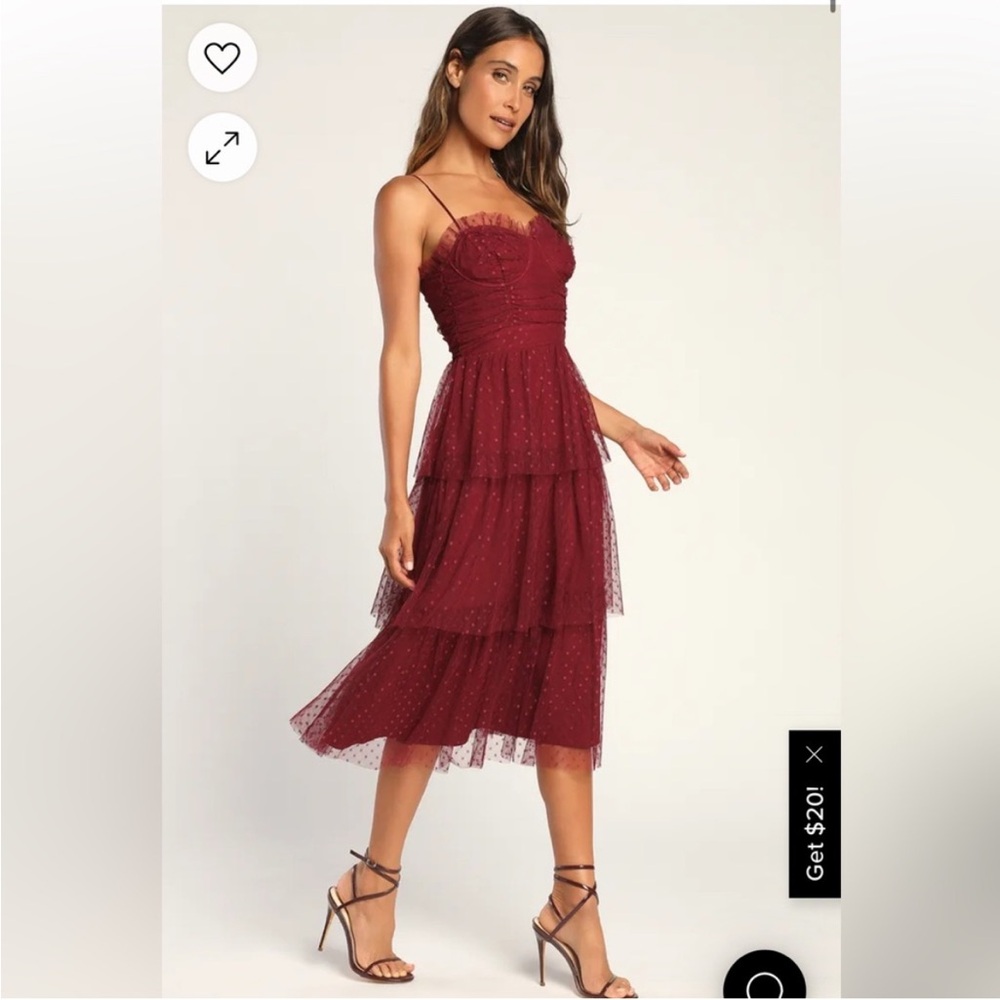 Lulus Burgundy Polka Dot Bustier Tiered Midi Dress